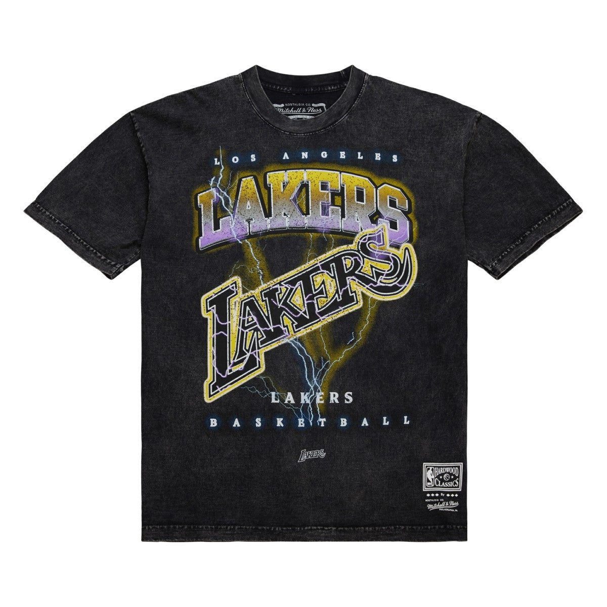 Los Angeles Lakers Unisex Hardwood Classics Vintage Voltage Premium Heavyweight T-Shirt Black - Mitchell & Ness