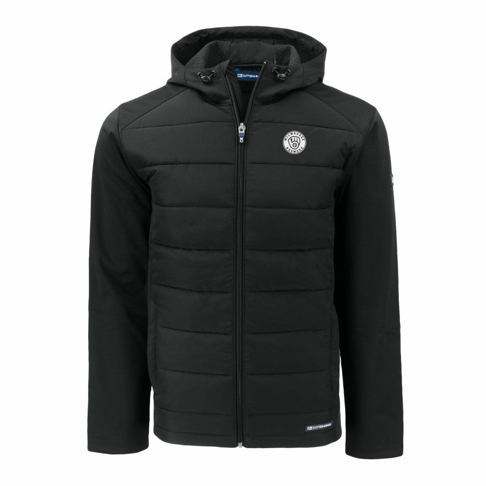 Milwaukee Brewers Cutter & Buck Big & Tall Evoke Hybrid Eco Softshell Recycled Full-Zip Hooded PrimaLoft Jacket - Black Jackets