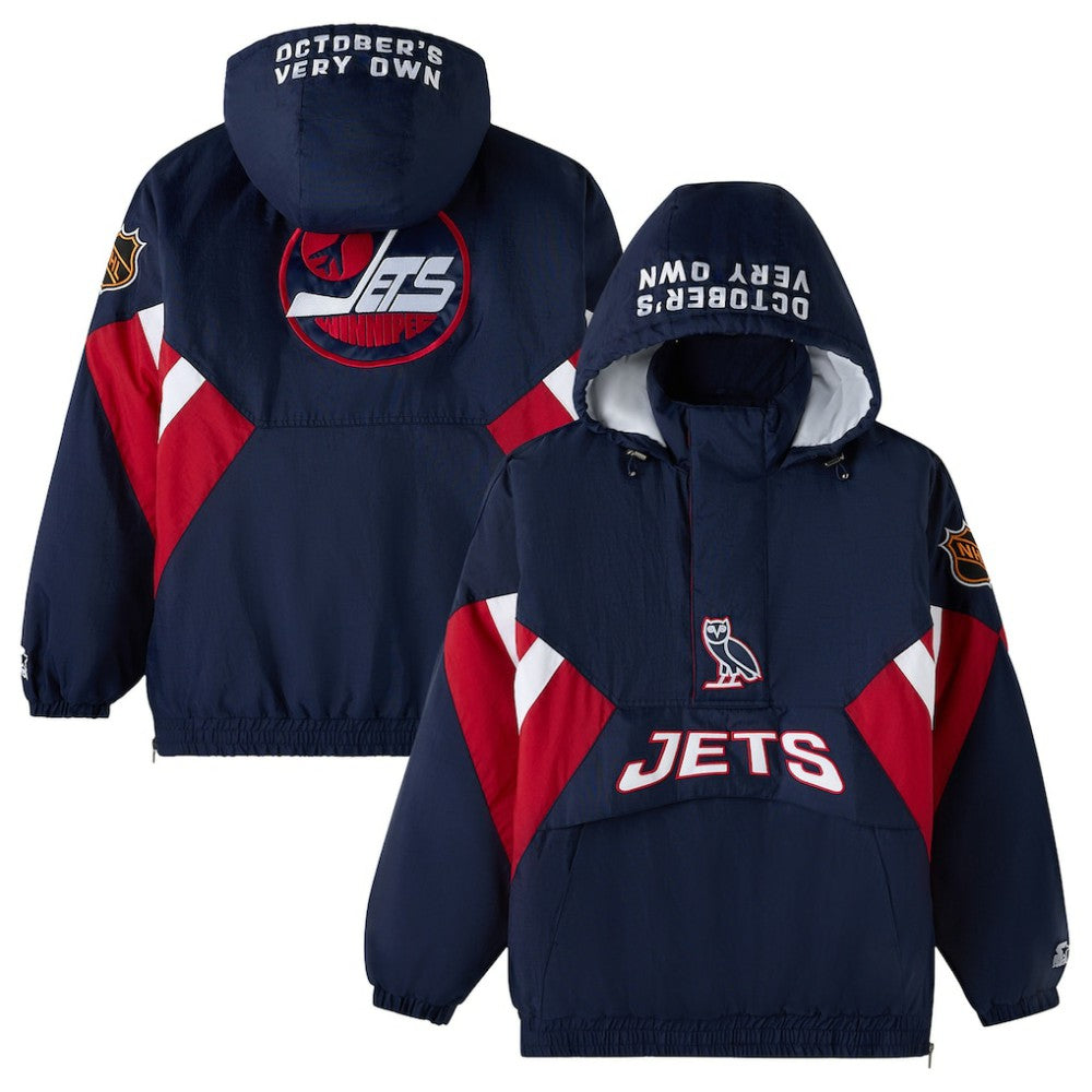 Winnipeg Jets OVO x Starter Half-Zip Hooded Jacket - Navy | US 202034617