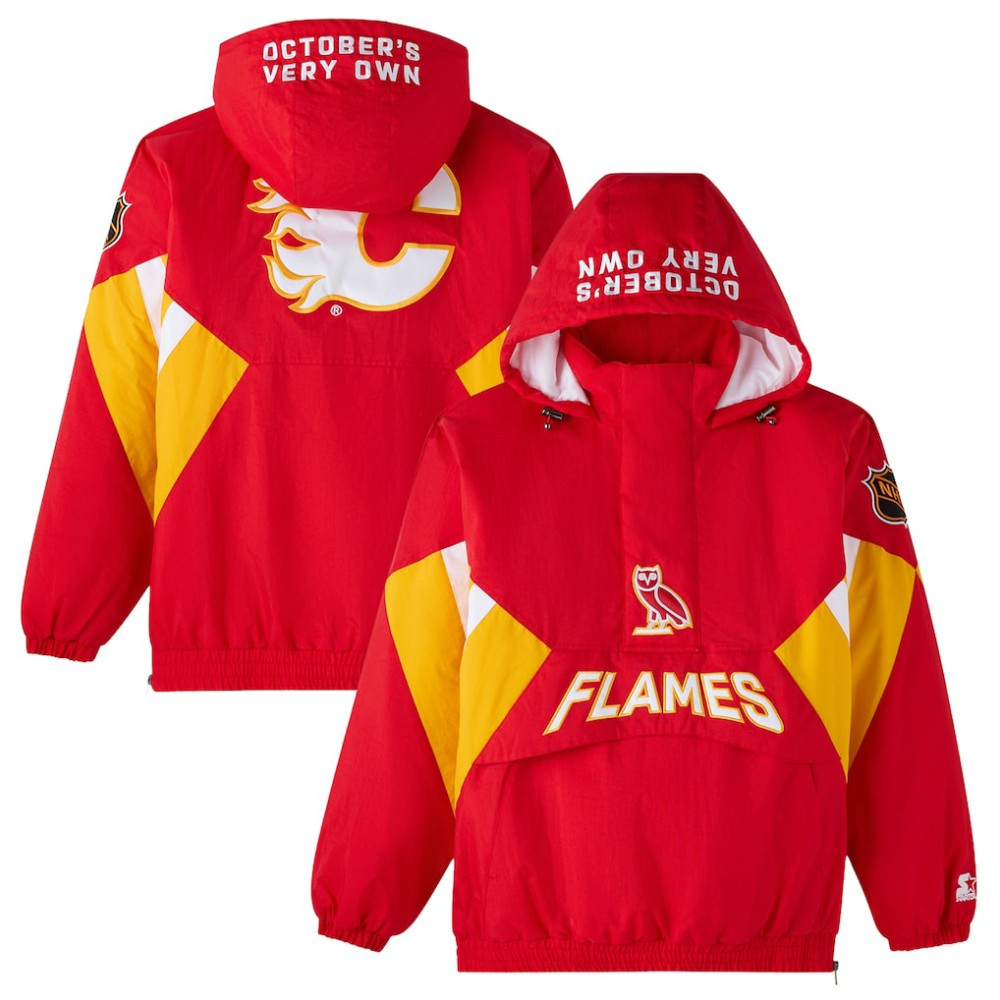 Calgary Flames OVO x Starter Half-Zip Hooded Jacket - Red | US 202034623