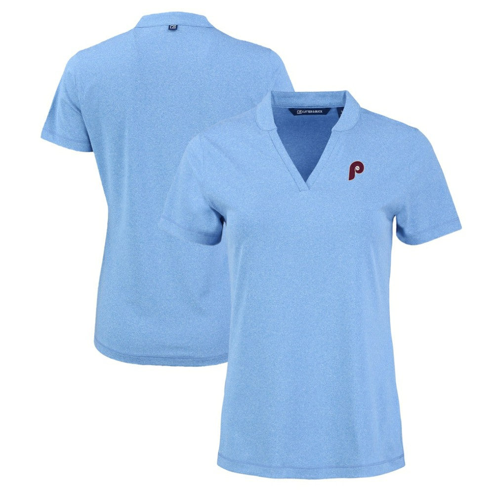 Philadelphia Phillies Cutter & Buck Women's Forge Stretch Blade DryTec V-Neck Polo - Heather Light Blue
