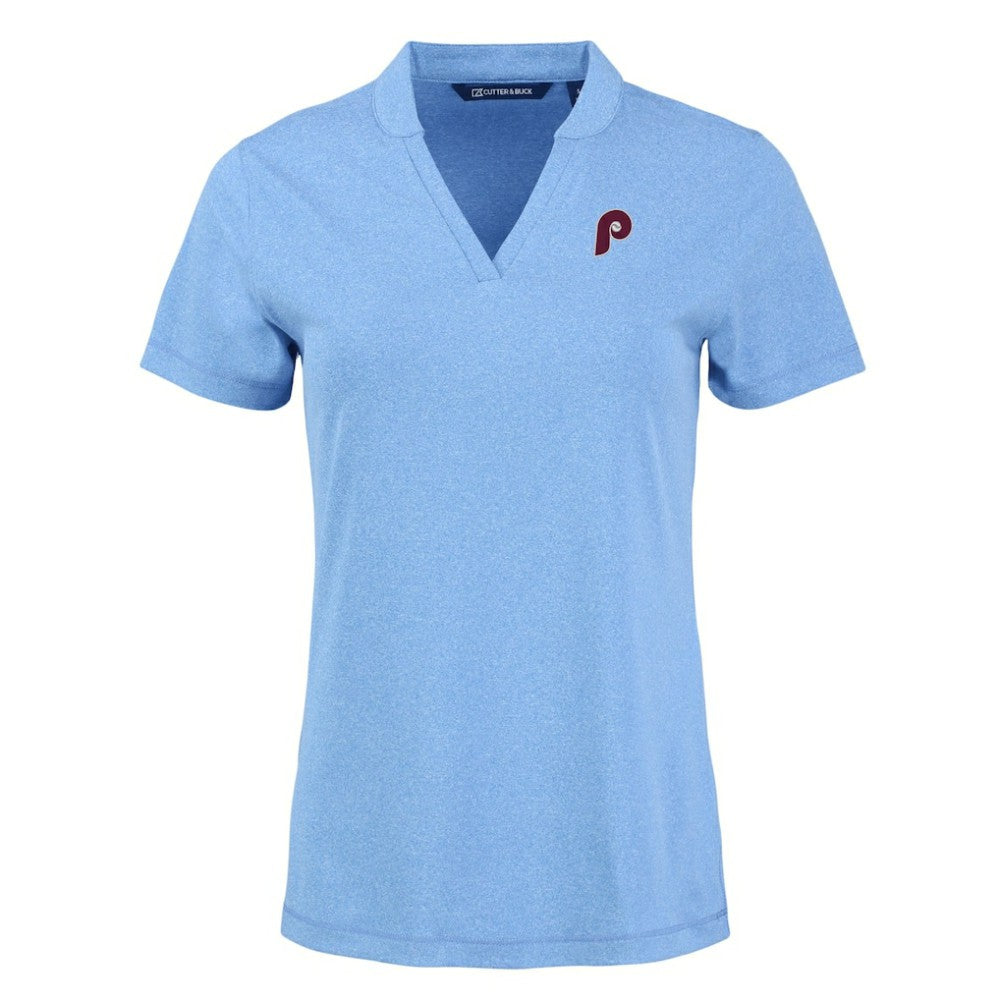 Philadelphia Phillies Cutter & Buck Women's Forge Stretch Blade DryTec V-Neck Polo - Heather Light Blue