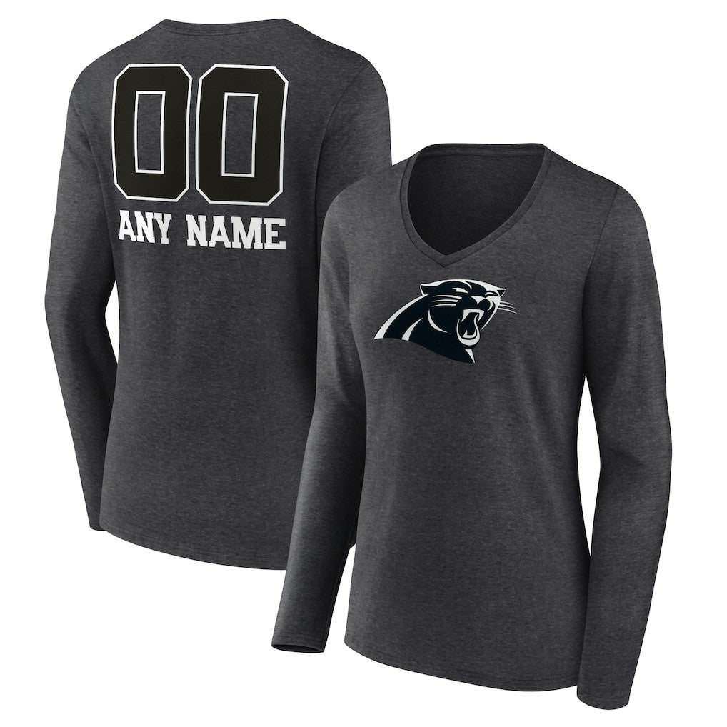 Carolina Panthers Women's Personalized Name & Number Monochrome V-neck T-Shirt - Charcoal T-shirts