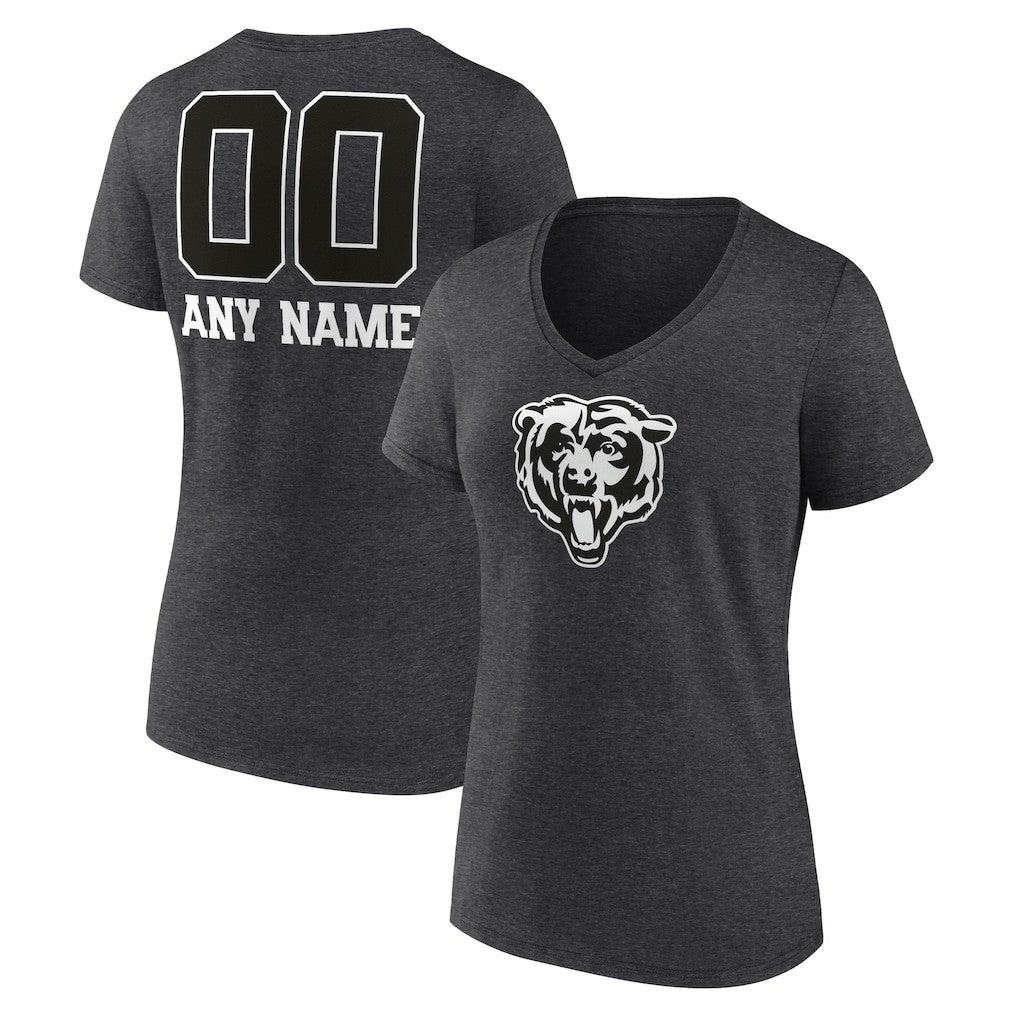 Chicago Bears Women's Personalized Name & Number Monochrome V-Neck Long Sleeve T-Shirt - Charcoal T-shirts
