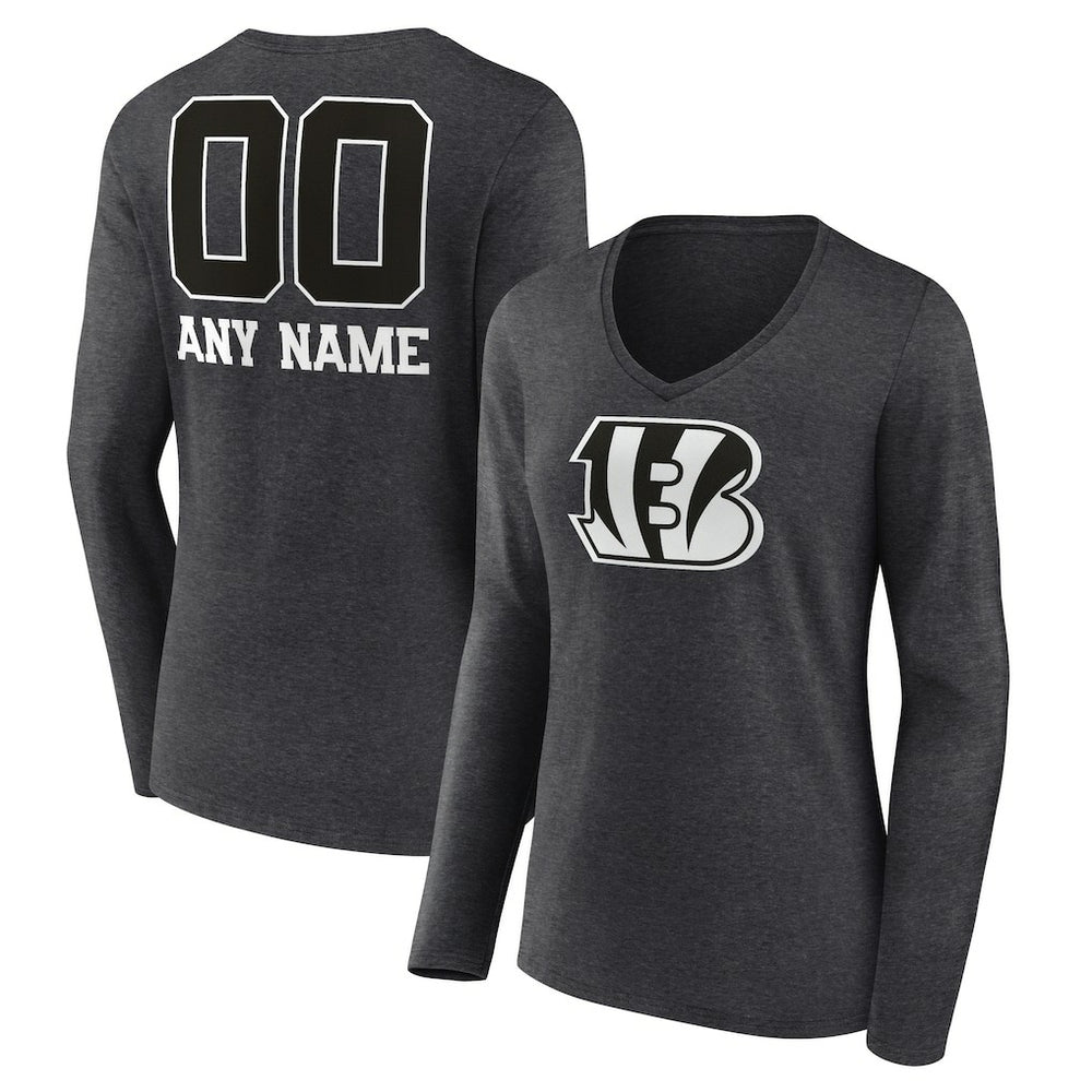 Cincinnati Bengals Women's Personalized Name & Number Monochrome V-neck T-Shirt - Charcoal T-shirts