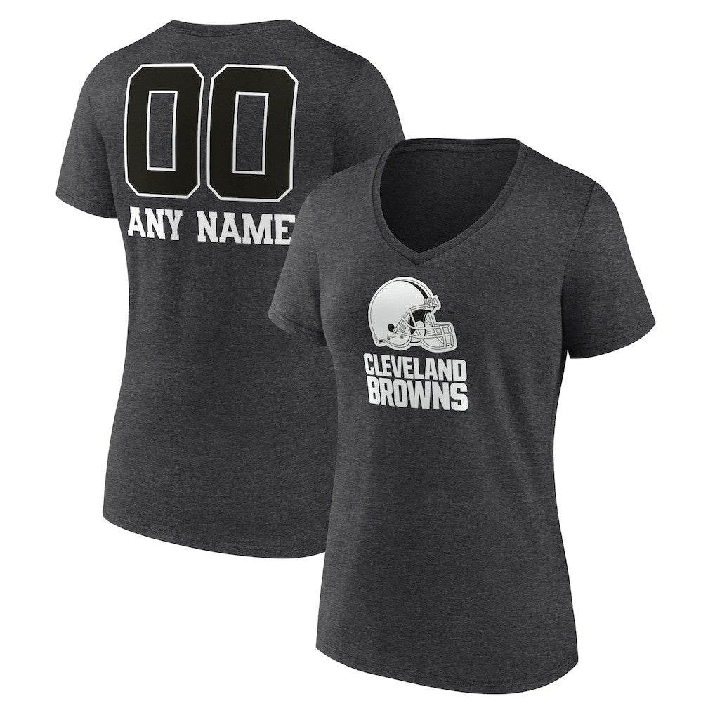 Cleveland Browns Women's Personalized Name & Number Monochrome V-Neck Long Sleeve T-Shirt - Charcoal T-shirts