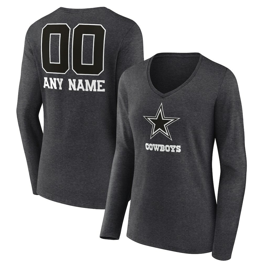 Dallas Cowboys Women's Personalized Name & Number Monochrome V-neck T-Shirt - Charcoal T-shirts