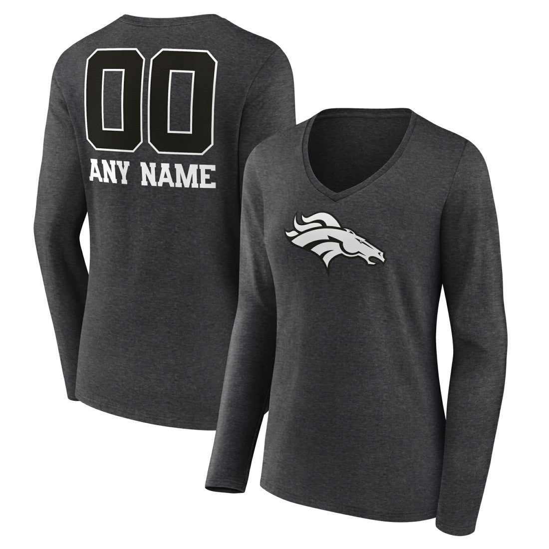 Denver Broncos Women's Personalized Name & Number Monochrome V-neck T-Shirt - Charcoal T-shirts