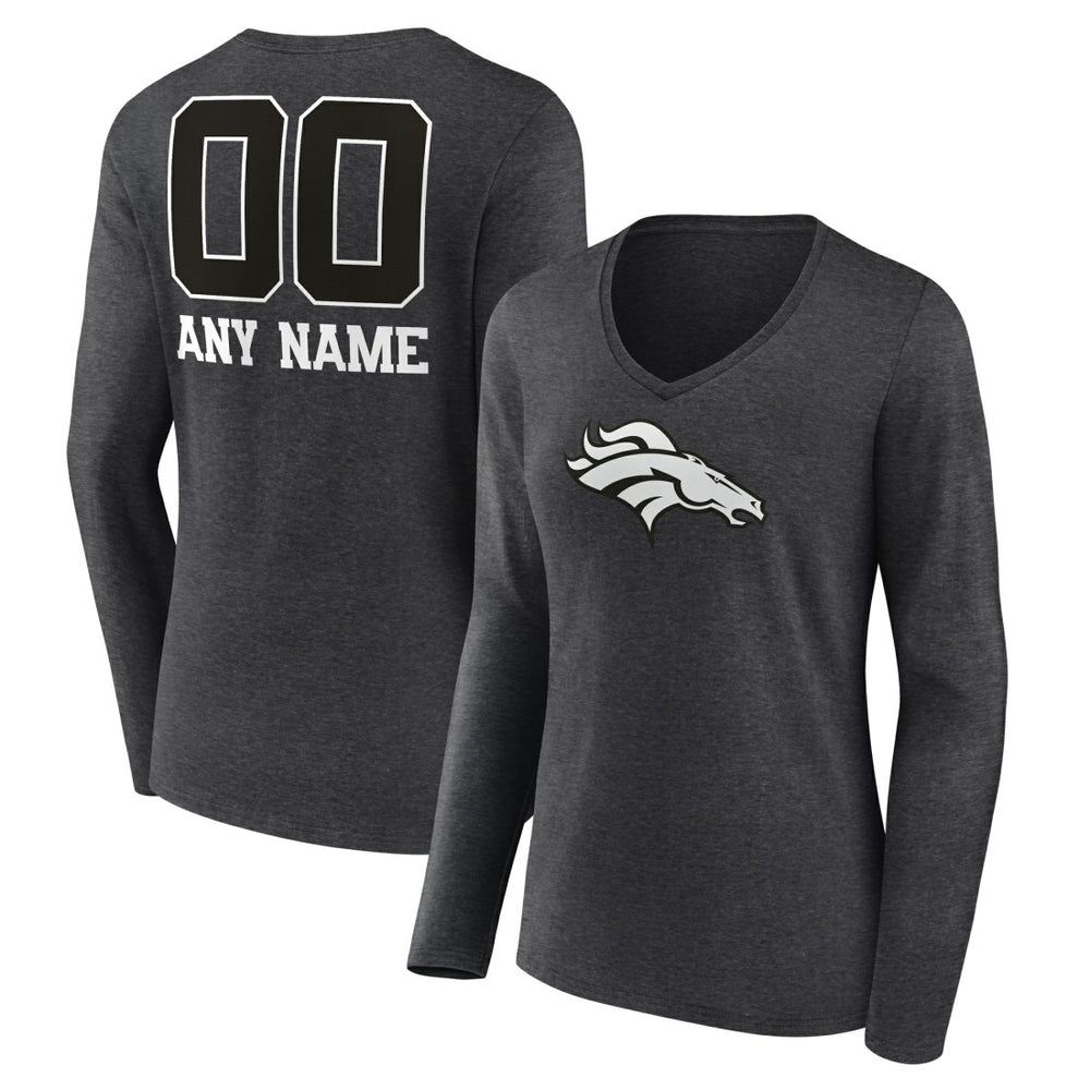 Denver Broncos Women's Personalized Name & Number Monochrome V-neck T-Shirt - Charcoal T-shirts