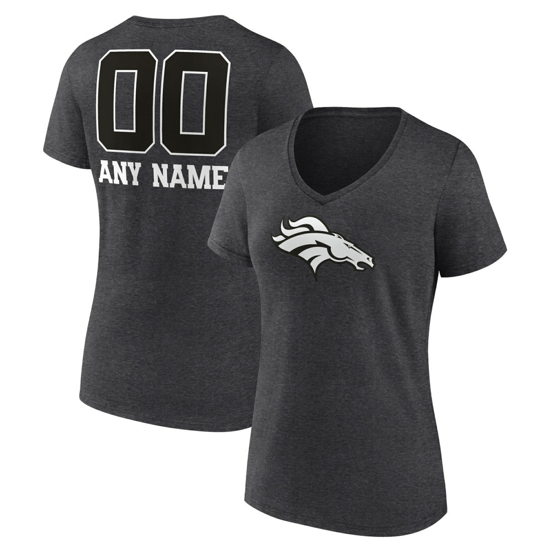 Denver Broncos Women's Personalized Name & Number Monochrome V-Neck Long Sleeve T-Shirt - Charcoal T-shirts