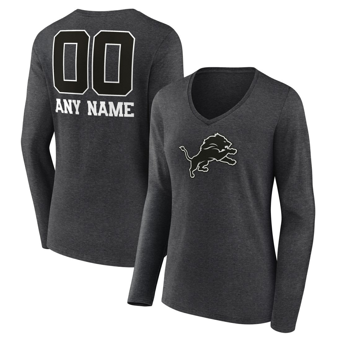 Detroit Lions Women's Personalized Name & Number Monochrome V-neck T-Shirt - Charcoal T-shirts