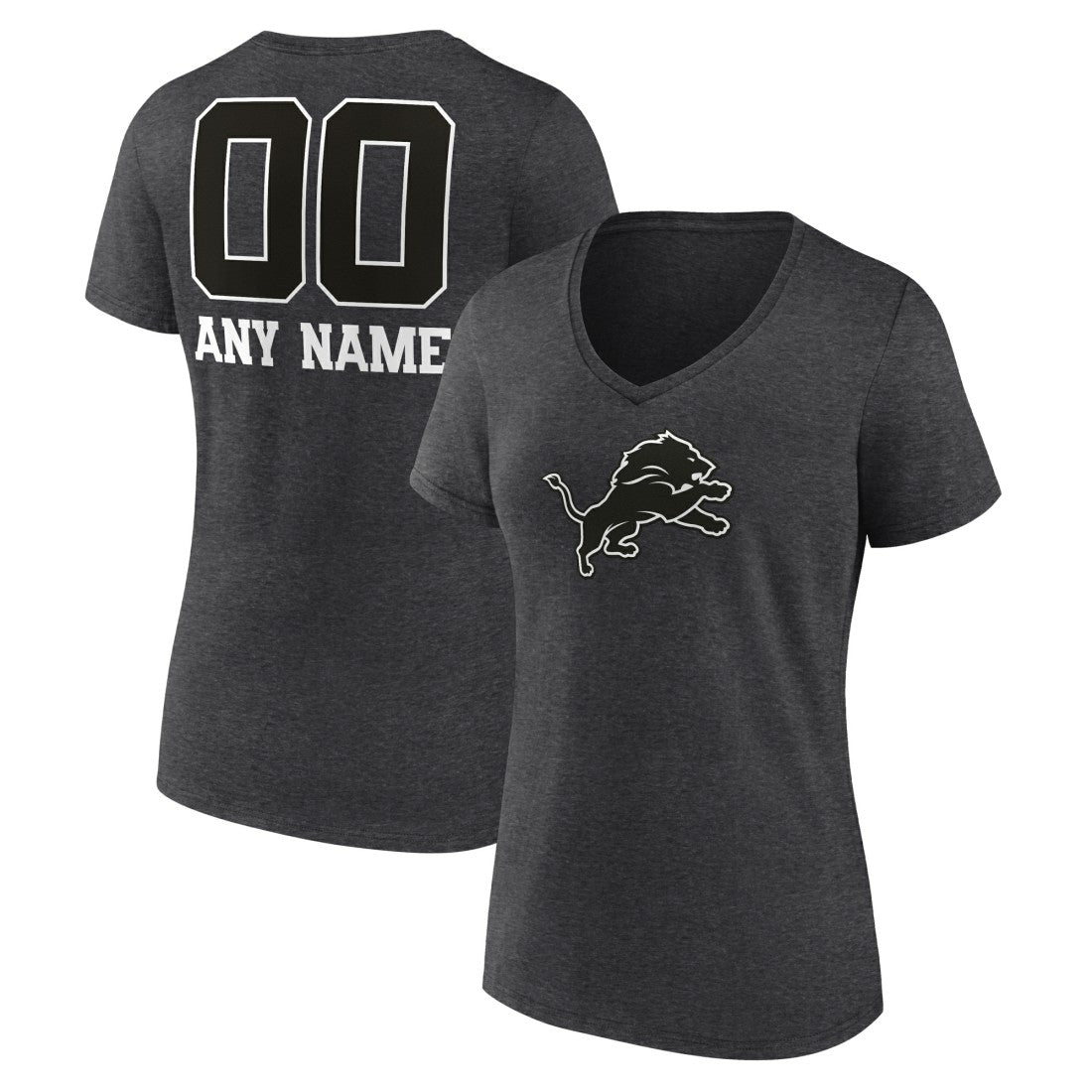 Detroit Lions Women's Personalized Name & Number Monochrome V-Neck Long Sleeve T-Shirt - Charcoal T-shirts