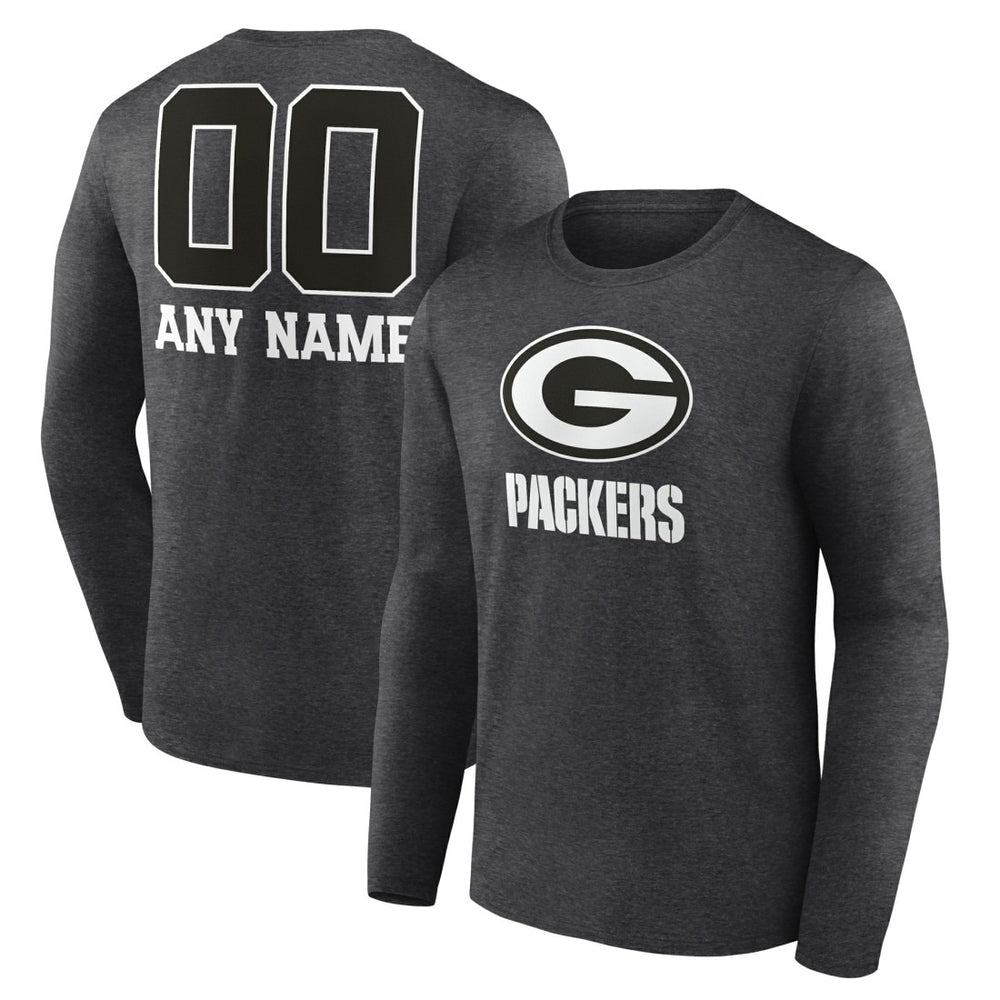 Green Bay Packers Personalized Name & Number Monochrome Long Sleeve T-Shirt - Charcoal T-shirts
