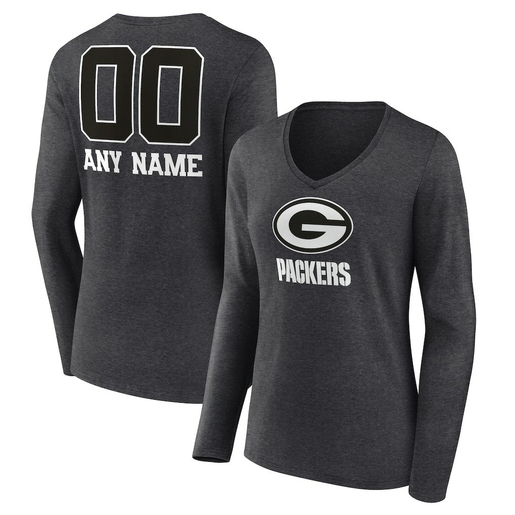 Green Bay Packers Women's Personalized Name & Number Monochrome V-neck T-Shirt - Charcoal T-shirts