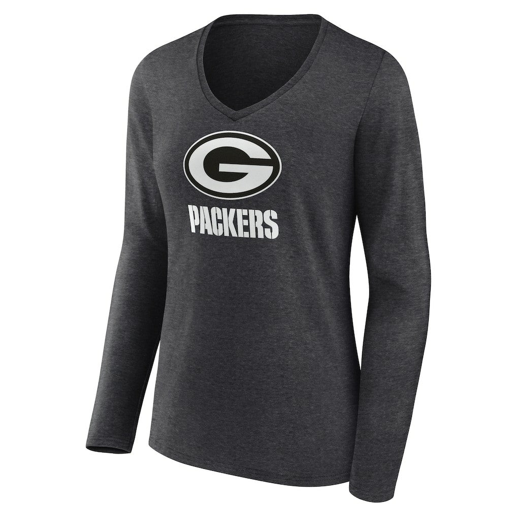 Green Bay Packers Women's Personalized Name & Number Monochrome V-neck T-Shirt - Charcoal T-shirts