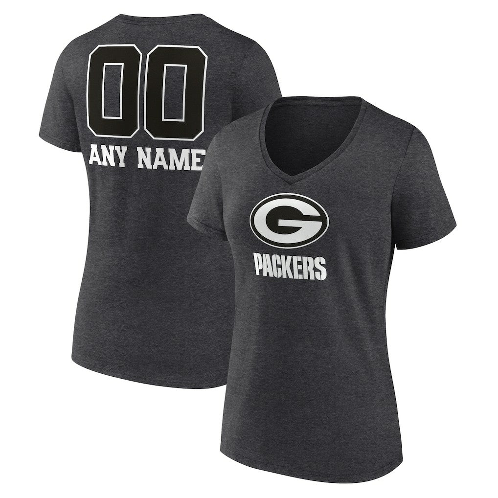 Green Bay Packers Women's Personalized Name & Number Monochrome V-Neck Long Sleeve T-Shirt - Charcoal T-shirts
