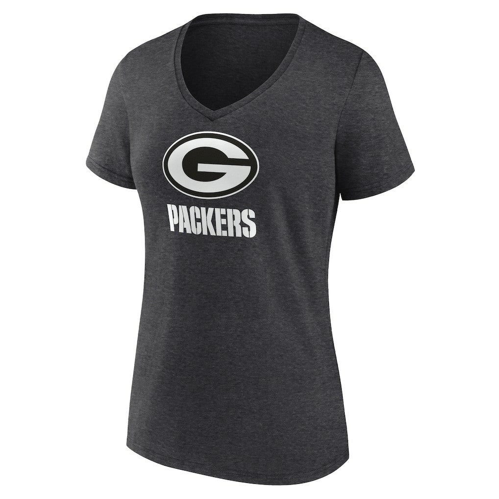 Green Bay Packers Women's Personalized Name & Number Monochrome V-Neck Long Sleeve T-Shirt - Charcoal T-shirts