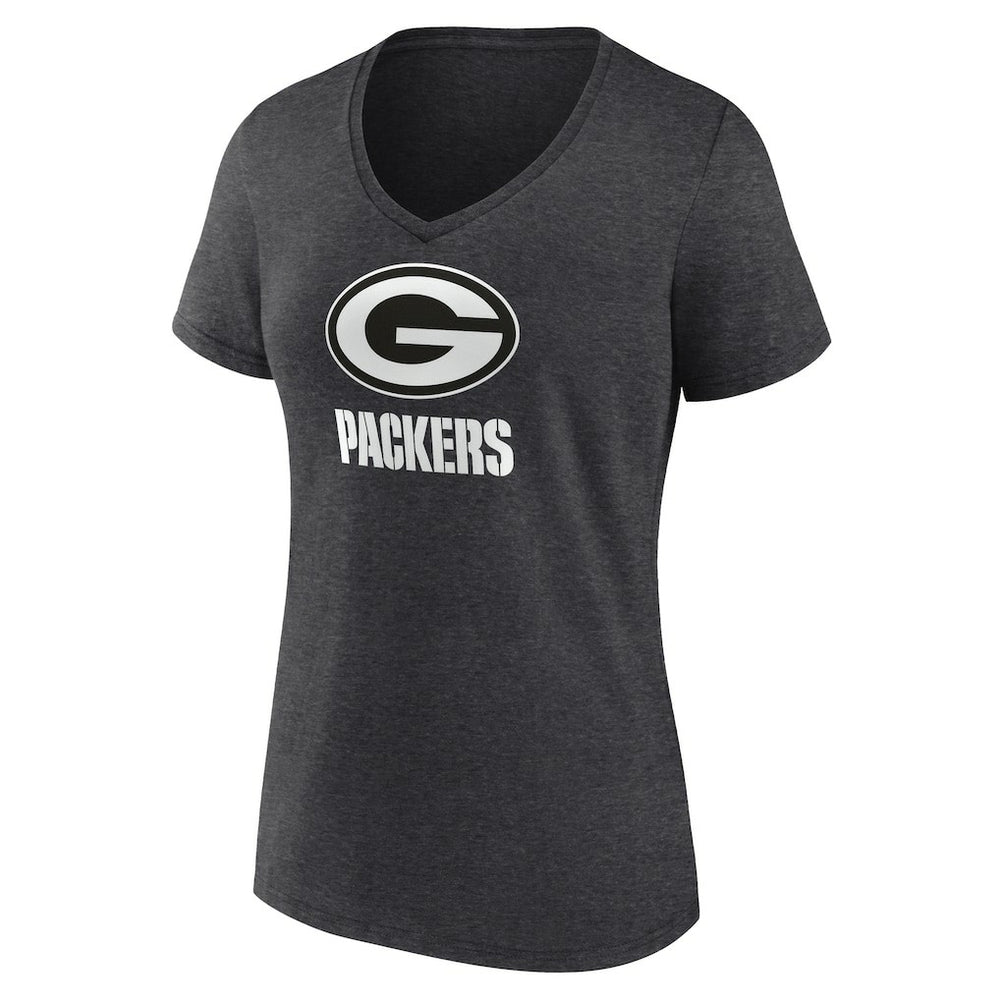 Green Bay Packers Women's Personalized Name & Number Monochrome V-Neck Long Sleeve T-Shirt - Charcoal T-shirts