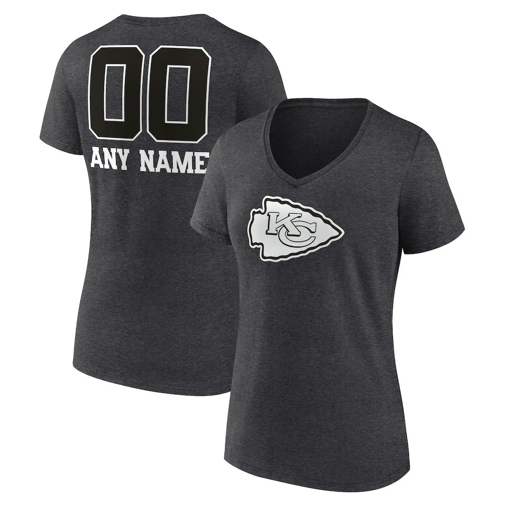 Kansas City Chiefs Women's Personalized Name & Number Monochrome V-Neck Long Sleeve T-Shirt - Charcoal T-shirts