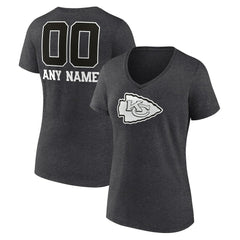 Kansas City Chiefs Women's Personalized Name & Number Monochrome V-Neck Long Sleeve T-Shirt - Charcoal T-shirts