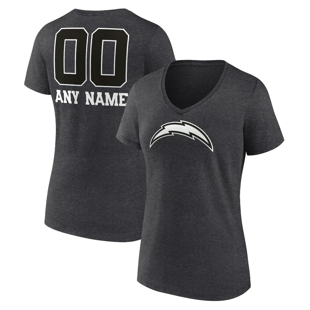 Los Angeles Chargers Women's Personalized Name & Number Monochrome V-Neck Long Sleeve T-Shirt - Charcoal T-shirts