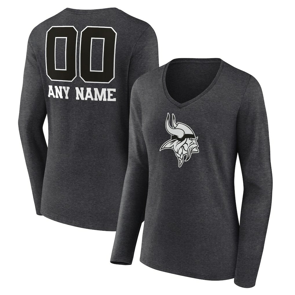 Minnesota Vikings Women's Personalized Name & Number Monochrome V-neck T-Shirt - Charcoal T-shirts