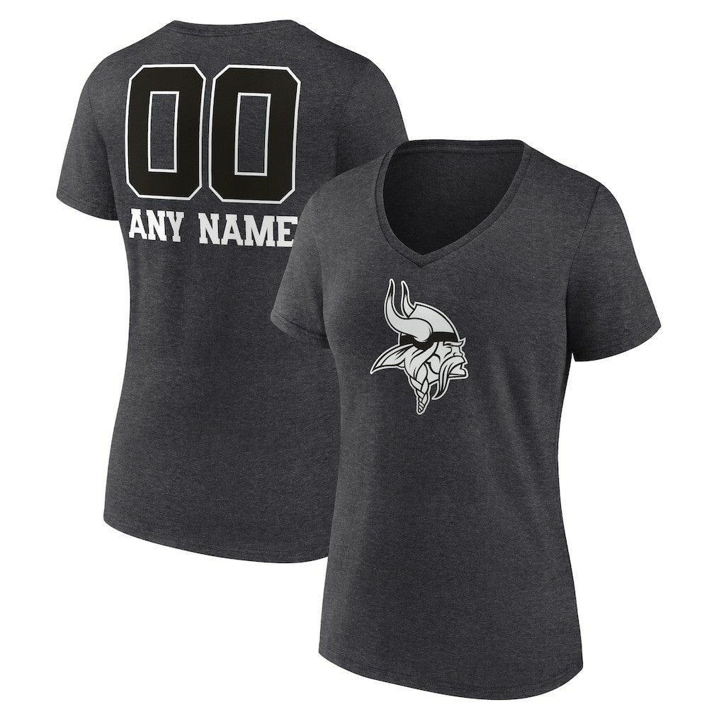 Minnesota Vikings Women's Personalized Name & Number Monochrome V-Neck Long Sleeve T-Shirt - Charcoal T-shirts