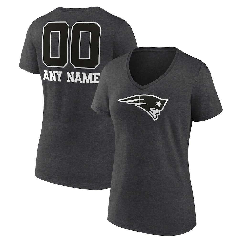 New England Patriots Women's Personalized Name & Number Monochrome V-Neck Long Sleeve T-Shirt - Charcoal T-shirts