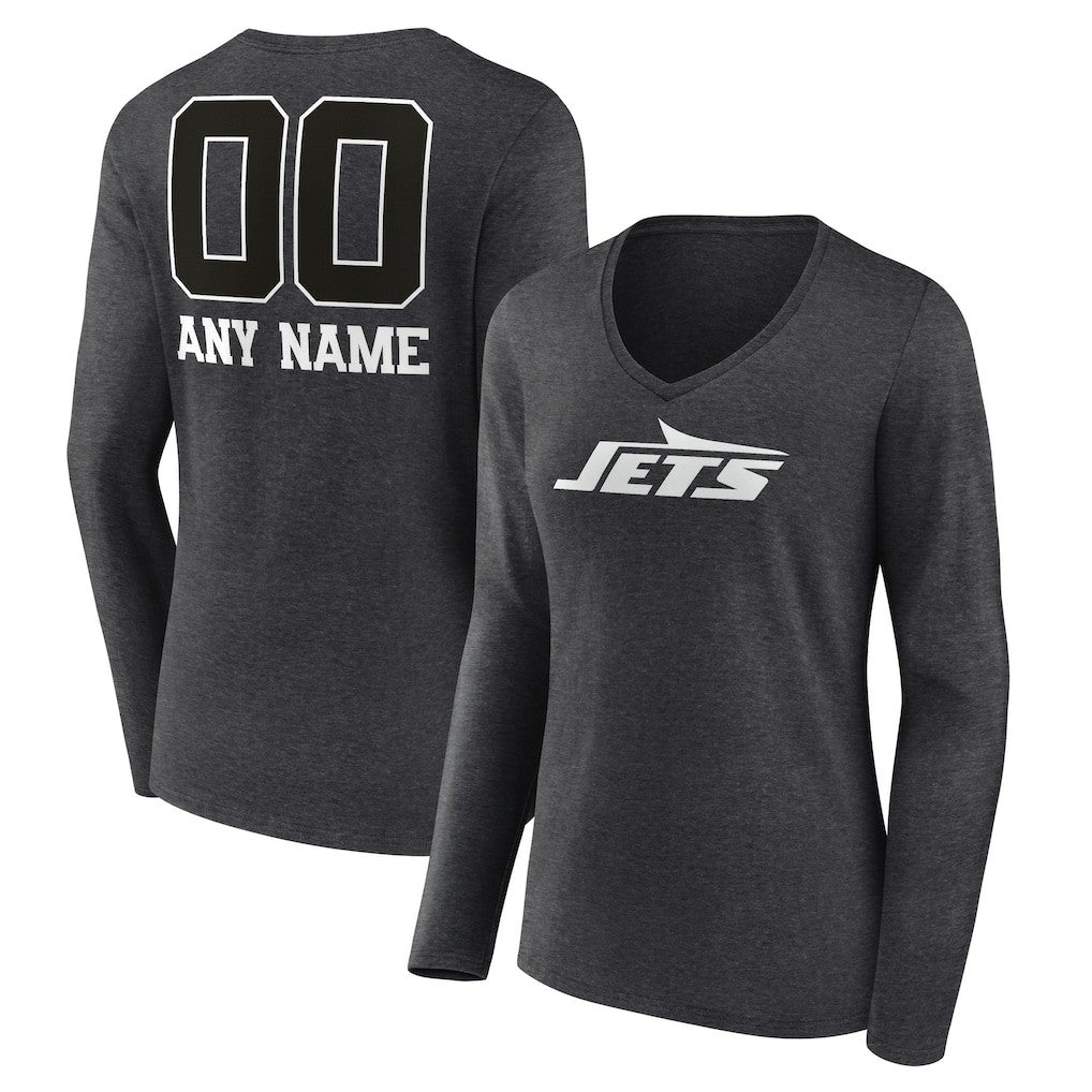 New York Jets Women's Personalized Name & Number Monochrome V-neck T-Shirt - Charcoal T-shirts