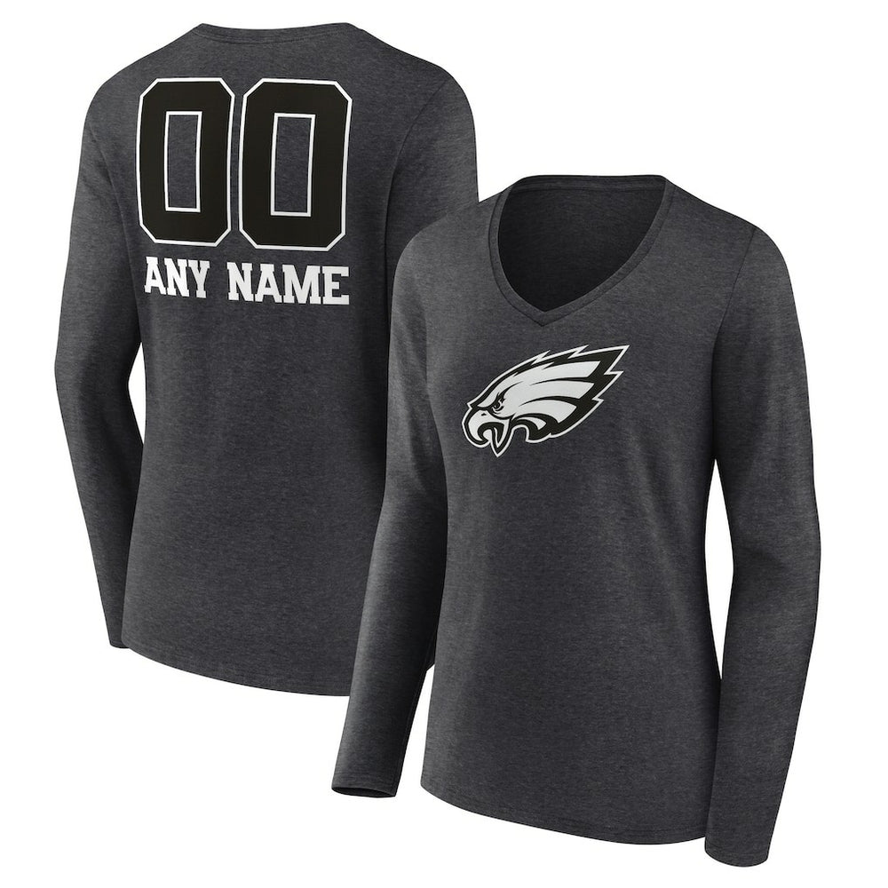 Philadelphia Eagles Women's Personalized Name & Number Monochrome V-neck T-Shirt - Charcoal T-shirts