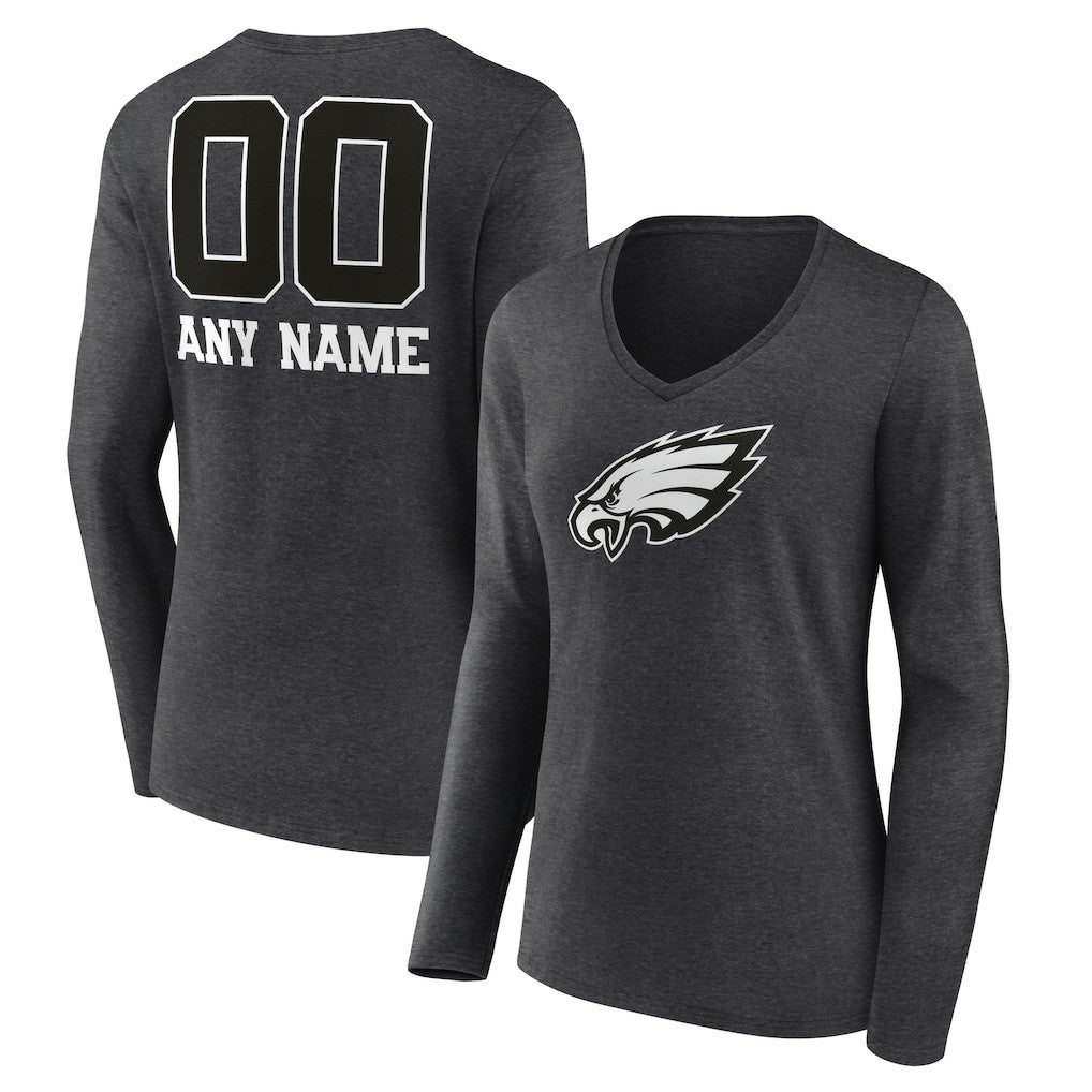 Philadelphia Eagles Women's Personalized Name & Number Monochrome V-neck T-Shirt - Charcoal T-shirts