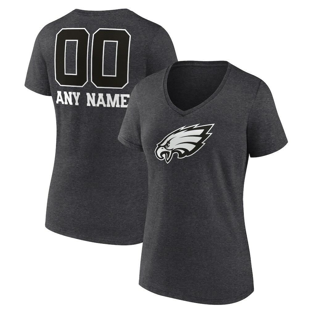 Philadelphia Eagles Women's Personalized Name & Number Monochrome V-Neck Long Sleeve T-Shirt - Charcoal T-shirts