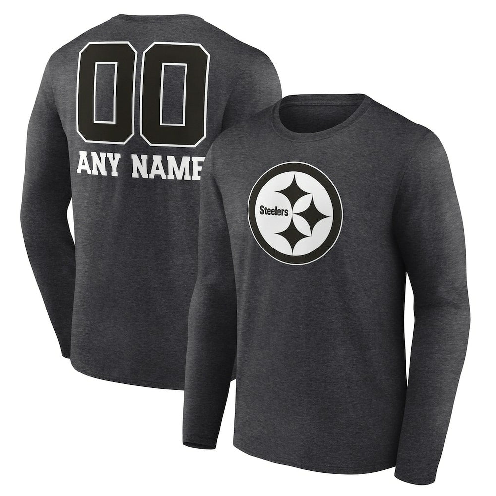 Pittsburgh Steelers Personalized Name & Number Monochrome Long Sleeve T-Shirt - Charcoal T-shirts