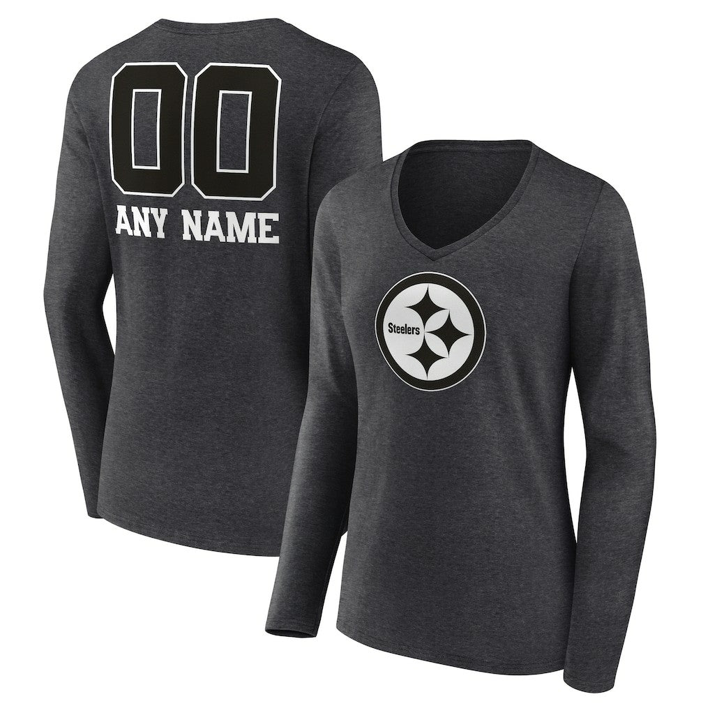 Pittsburgh Steelers Women's Personalized Name & Number Monochrome V-neck T-Shirt - Charcoal T-shirts