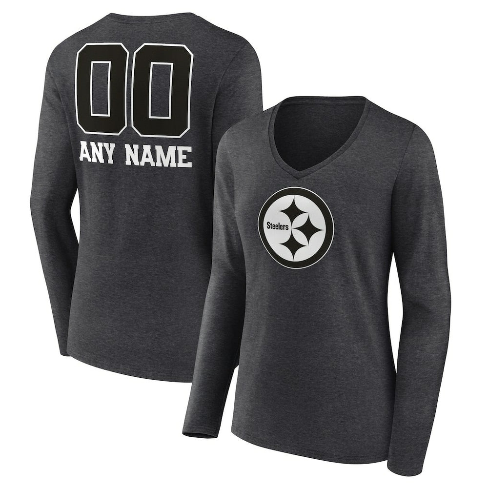 Pittsburgh Steelers Women's Personalized Name & Number Monochrome V-neck T-Shirt - Charcoal T-shirts