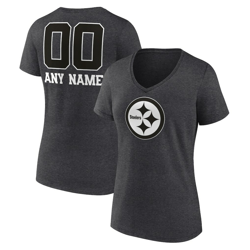 Pittsburgh Steelers Women's Personalized Name & Number Monochrome V-Neck Long Sleeve T-Shirt - Charcoal T-shirts
