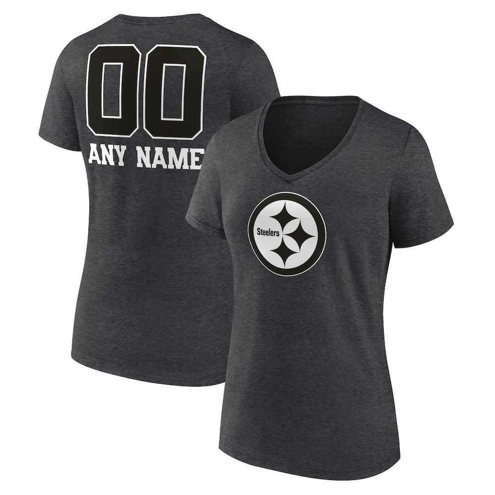 Pittsburgh Steelers Women's Personalized Name & Number Monochrome V-Neck Long Sleeve T-Shirt - Charcoal T-shirts
