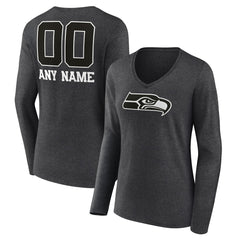Seattle Seahawks Women's Personalized Name & Number Monochrome V-neck T-Shirt - Charcoal T-shirts
