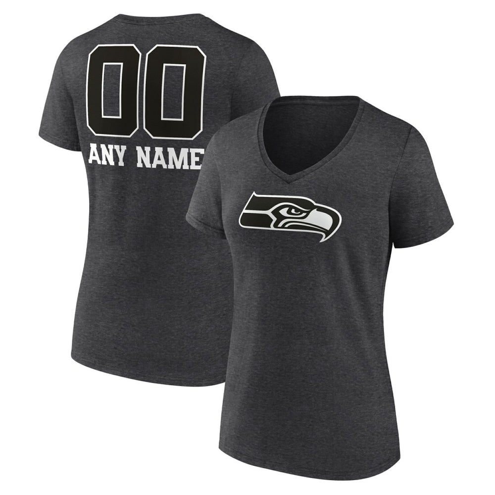 Seattle Seahawks Women's Personalized Name & Number Monochrome V-Neck Long Sleeve T-Shirt - Charcoal T-shirts