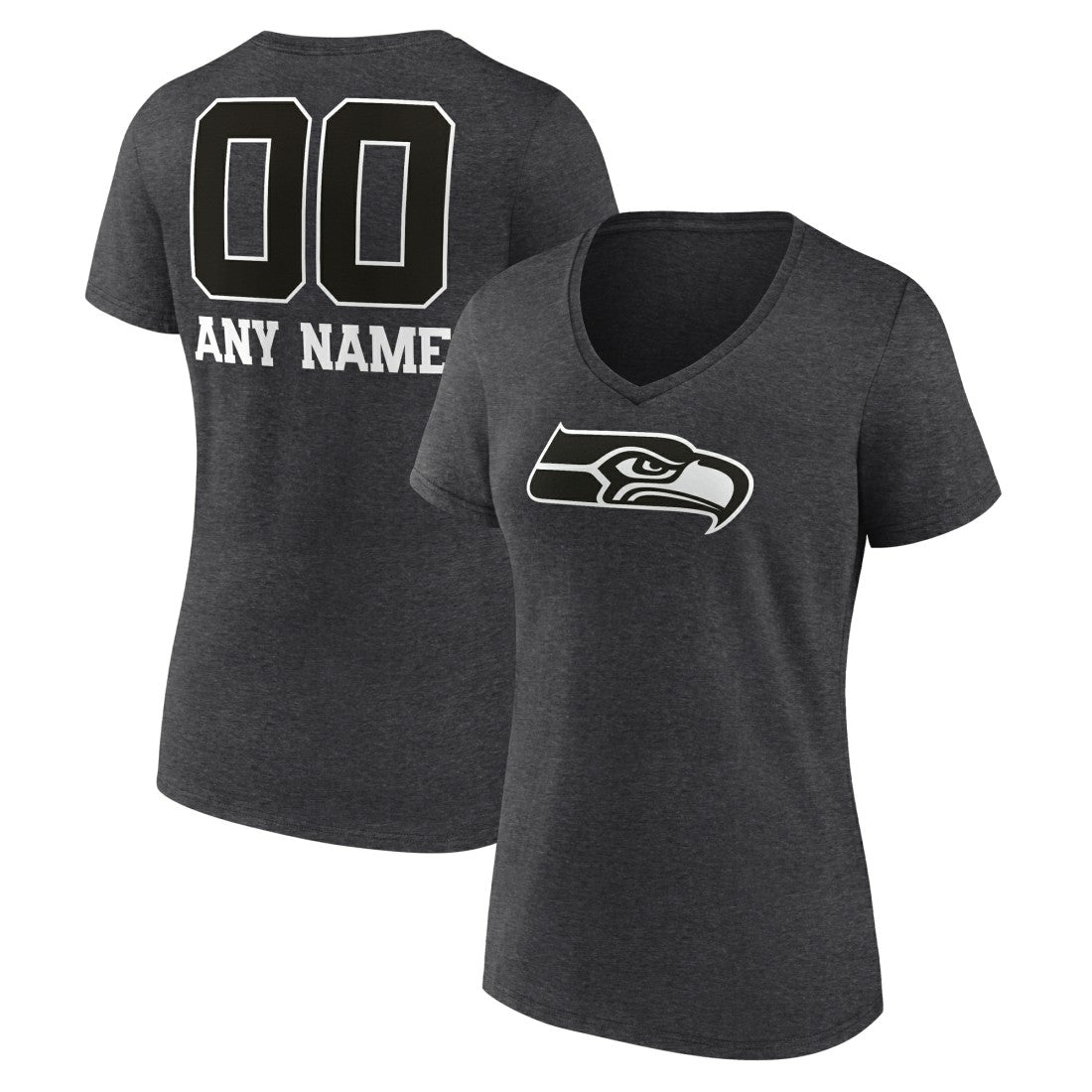Seattle Seahawks Women's Personalized Name & Number Monochrome V-Neck Long Sleeve T-Shirt - Charcoal T-shirts