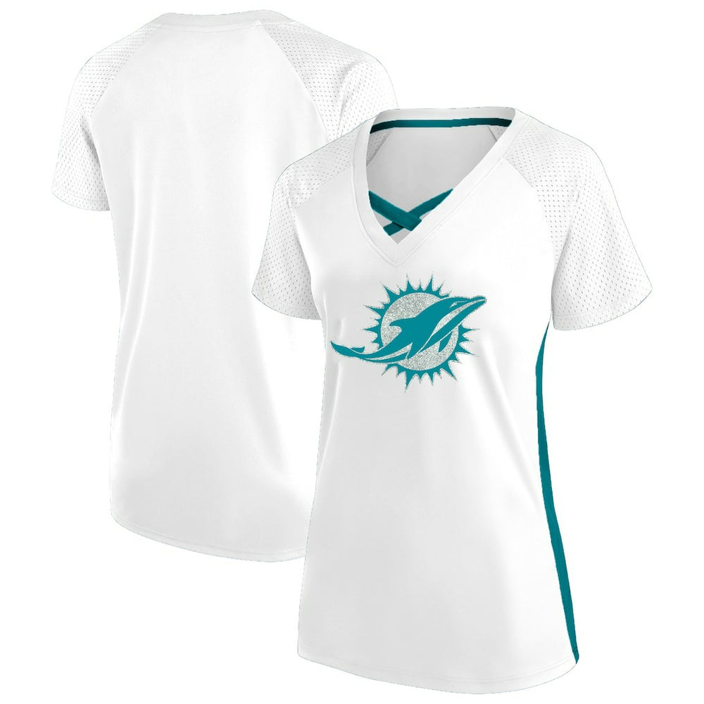Miami Dolphins Women's Plus Size Glitter Lace-Up V- Neck T-Shirt - Neck T-Shirt - White T-shirts