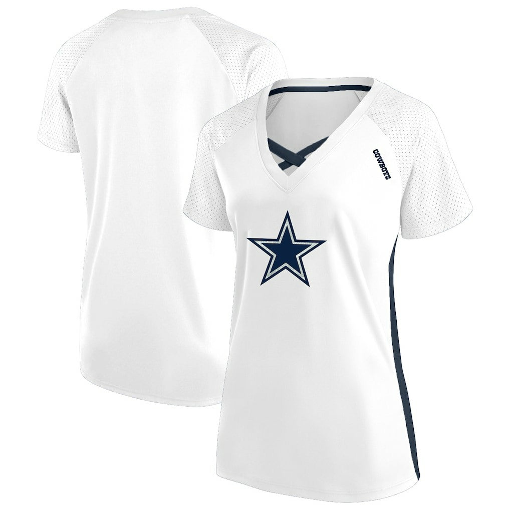 Dallas Cowboys Women's Plus Size Glitter Lace-Up V- Neck T-Shirt - Neck T-Shirt - White T-shirts