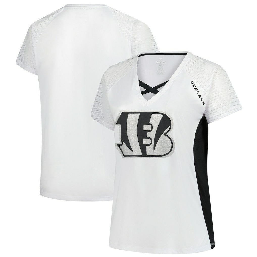 Cincinnati Bengals Women's Plus Size Glitter Lace-Up V- Neck T-Shirt - Neck T-Shirt - White T-shirts