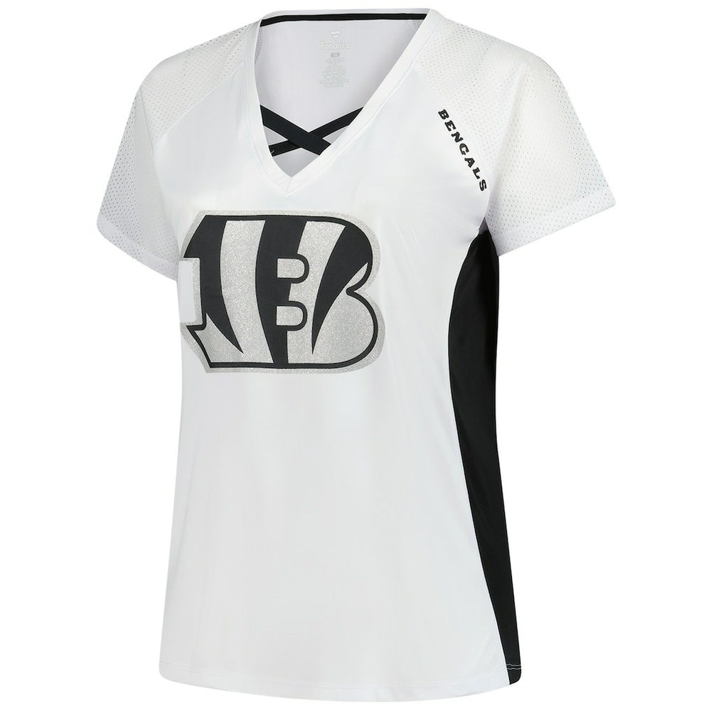 Cincinnati Bengals Women's Plus Size Glitter Lace-Up V- Neck T-Shirt - Neck T-Shirt - White T-shirts