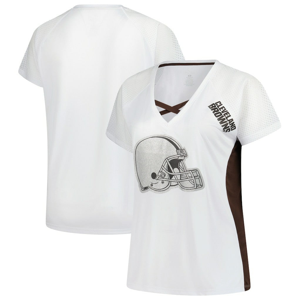 Cleveland Browns Women's Plus Size Glitter Lace-Up V- Neck T-Shirt - Neck T-Shirt - White T-shirts