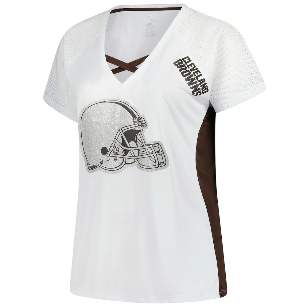Cleveland Browns Women's Plus Size Glitter Lace-Up V- Neck T-Shirt - Neck T-Shirt - White T-shirts