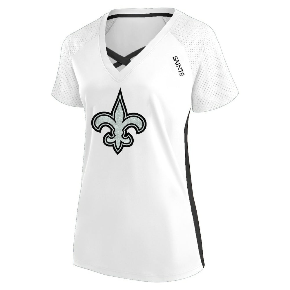 New Orleans Saints Women's Plus Size Glitter Lace-Up V- Neck T-Shirt - Neck T-Shirt - White T-shirts