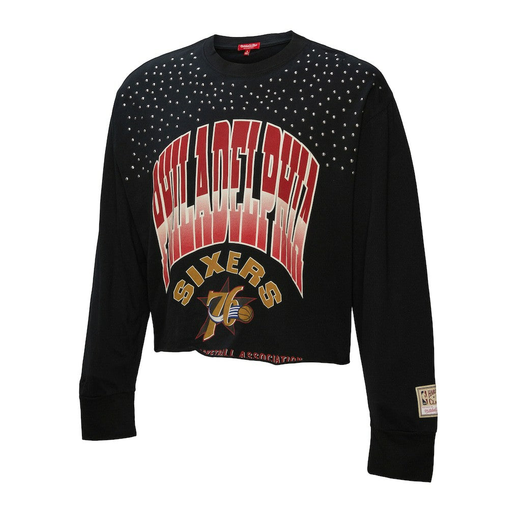 Philadelphia 76ers Women's Hardwood Classics Studded Boxy Cropped Long Sleeve T-Shirt Black - Mitchell & Ness