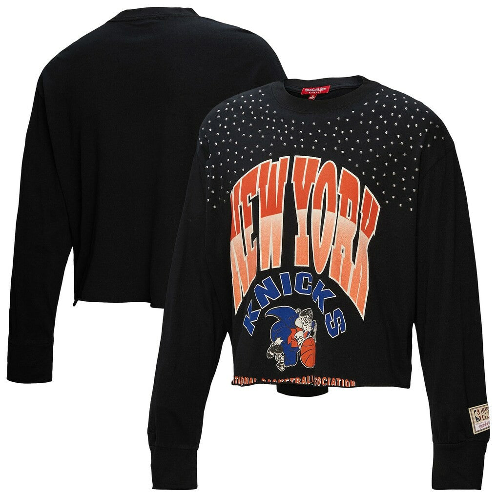 New York Knicks Women's Hardwood Classics Studded Boxy Cropped Long Sleeve T-Shirt Black - Mitchell & Ness
