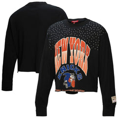 New York Knicks Women's Hardwood Classics Studded Boxy Cropped Long Sleeve T-Shirt Black - Mitchell & Ness